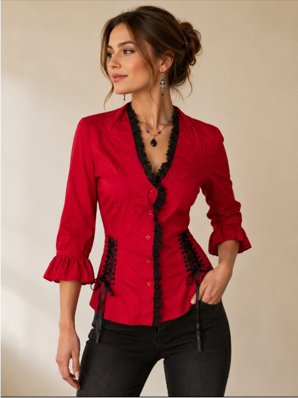 Scully Red Lace-Trim Buttoned Women's Blouse